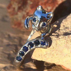 Genuine Sapphire .925 Cat Ring Wrap-Around Sterling Silver Blue Gemstones Size 6